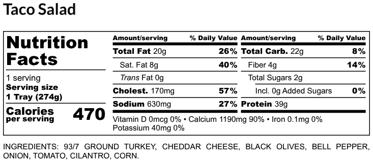 Nutritional Facts - Taco Salad 6oz